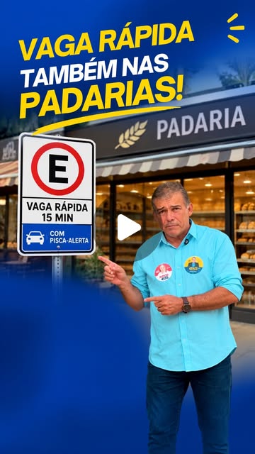 Tita apontando para uma placa de vaga rápida de 15 minutos em frente a uma padaria